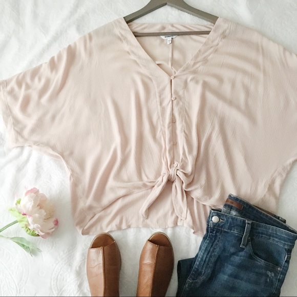 Express Tops - Express Pink Batwing Tied Waist Button Down Top